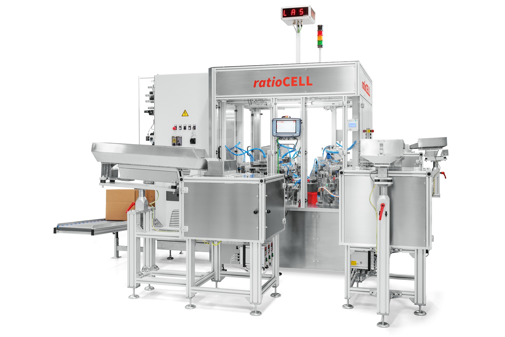 Montagemaschine für Fliehkraftkupplungen Gesamtaufnahme einer Montagemaschine für Fliehkraftkupplungen mit Zuführungen und Ausgabe in Kartons